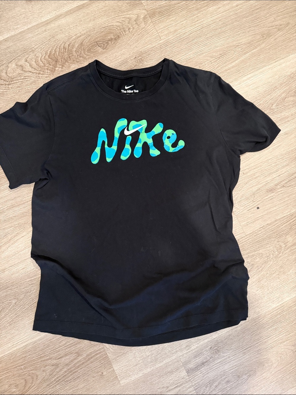 Nike Black Tee with Teal and Aqua Script Logo